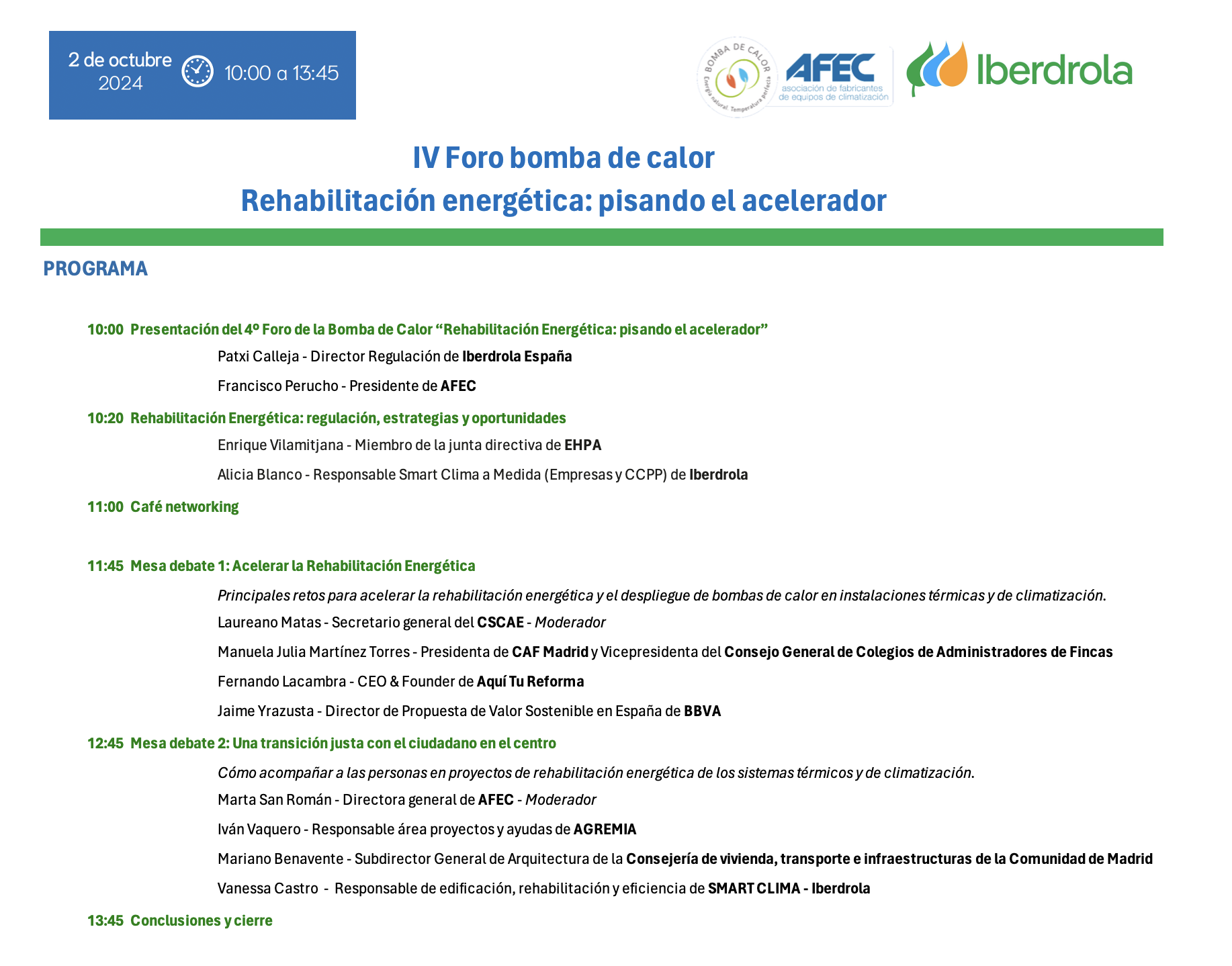 Programa del IV Foro bomba de calor, “Rehabilitación energética: pisando el acelerador”